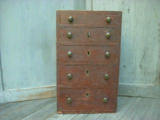 Antique 19th C Primitive Miniature Chest Of Drawers Dovetail Cabinet Lock & Key