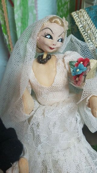 Vintage 10” Felt Klumpe Roldan Bride Groom Wedding Doll,  Stand - Made in Spain 2