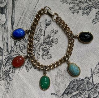 Vintage Scarab Charm Bracelet Gold Tone Faux Gem Glass Beads