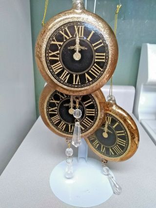 Set Of 3 Vintage Glass Blown Golden Clock Face Christmas Tree Ornaments