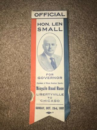 Vintage 1932 Len Small For Governor: Illinois Cloth Badge Bicycle Road Race