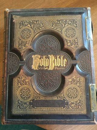 Antique Leather Bound Bible Charles H Yost 1800s Illustrated,  Very Old