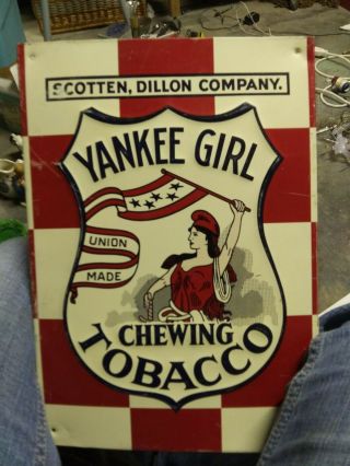 Vintage Chewing Tobacco Sign Yankee Girl Scotten,  Dillon Company Metal Emboss