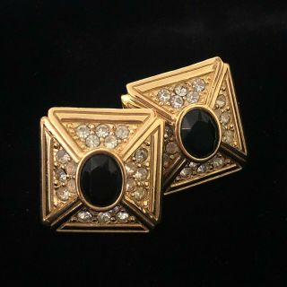 Vintage Signed Givenchy Paris York Black Glass And Rhinestone Earrings