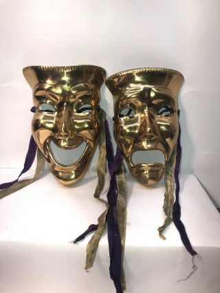 Vintage Solid Brass Drama Theater Greek Tragedy And Comedy Masks Display 7 1/2”