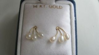 Vintage 14k Gold,  Fresh Water Pearl 3 Spray Earrings Studs