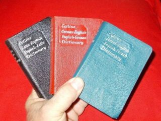 3 Vintage Collins Dictionarys English To French,  German,  & Latin (1962 & 63)