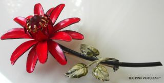 Signed Francois Vintage Ruby Red Rose Metal Enamel Flower Pin,  Brooch,  Long Stem