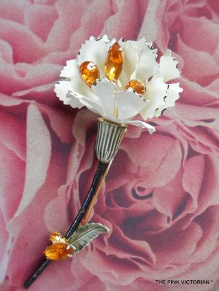 Elegant Signed Francois Vintage Carnation Flower Pin,  Brooch,  Creamy White,  Amber