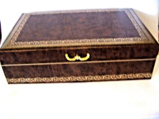 Vintage Mele Jewelry Box Brown Faux Leather Gold Embossed