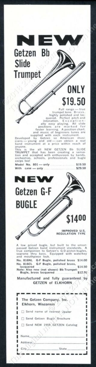 1958 Getzen Bb Slide Trumpet & G - F Bugle Art Vintage Print Ad