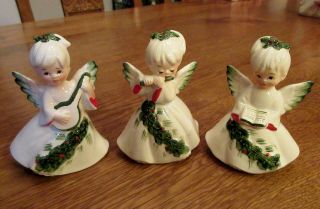 Set Of 3 Vintage Lefton Christmas Angels Green / White Musicians