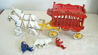 Vintage Kenton Overland Circus Polar Bear Horse Drawn Cage Rider Toy Cast Iron 2