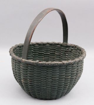 Antique 19thc American Primitive Splint Basket Dry Green Milk Paint,  Nr