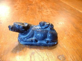 Fine Antique Carved Chinese Black Soapstone Carving Water Buffalo With Child