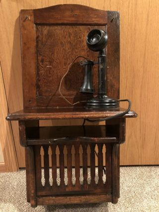 Antique Kellogg Candlestick Phone With Rare Wall Telephone Table