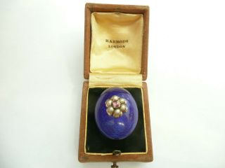 Rare Ladies Antique 15ct Rose Gold Ruby Pearl Blue Guilloche Enamel Egg Brooch