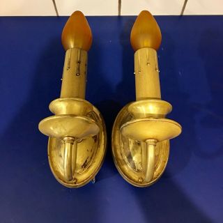 Wired Pair Early Raw Brass Sconces Electric Candles 43b