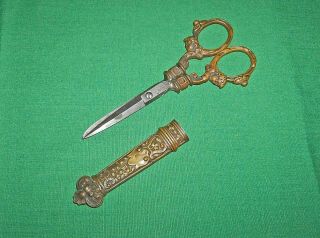 Ornate Victorian Brass Scissors Made In Germany W/ Sheath Or Case Antique