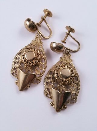 Vintage Gold - Tone Filigree/openwork Screw - Back Earrings,  Costume Jewelry,  1 7/8 "