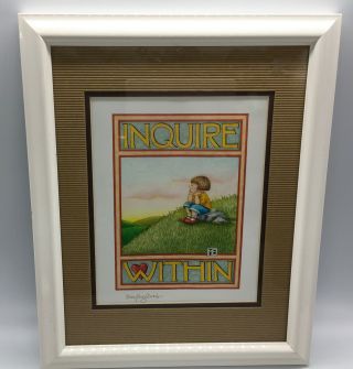 Vintage Mary Engelbreit Art Matted & White Frame Print “inquire Within” 16 X 13”