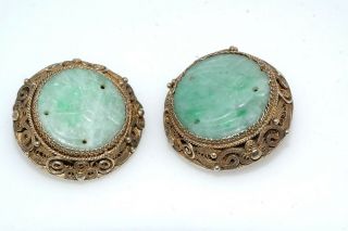 Chinese Silver Filigree Gold Vermeil Carved Jade Clip Button Earrings Vintage