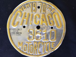 Vintage 1970 Chicago Motorcycle License Plate Medallion Classic Bike Illinois Il