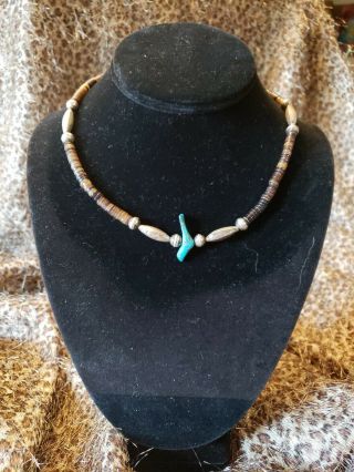 Vintage Native American Heishi Necklace With Turquoise Bird