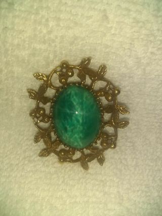 Vntg.  Goldette Brooch,  Green Art Glass Stone,  1 3/4 " X1 1/2 "