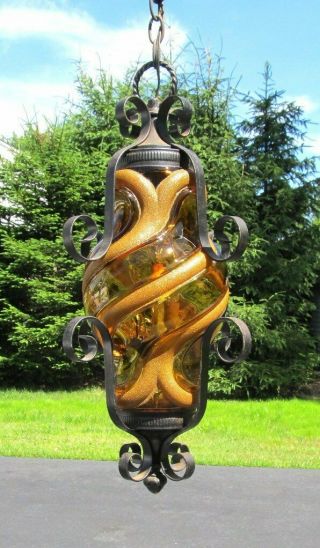 Vintage Mcm Wrought Iron Amber Art Glass Globe Lantern Chandelier Hall Light