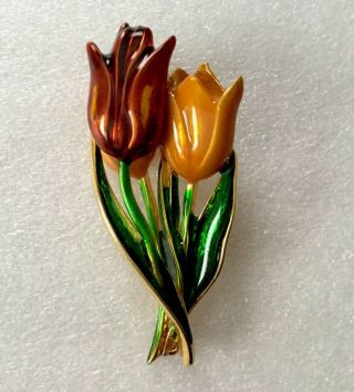 Vintage Signed Mfa Museum Of Fine Arts Enamel Tulip Gold Tone Brooch