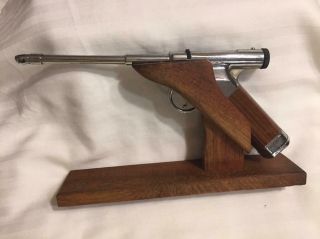 Vintage Match - O - Matic Butane Gas Match Pistol Shaped Lighter W Wood Stand - Japan