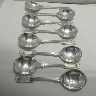 Sterling Silver Set Of 8 Fiddle Thread And Shell Soup Spoons,  Sheffield 1993