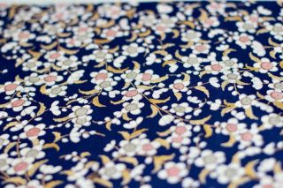 Vintage Japanese Kimono Silk Fabric| Blue Crepe Flowers 43 " | Quilting,  Panel