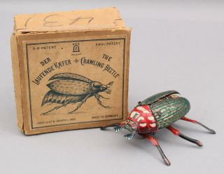 Antique Circa - 1900 Lehmann Mechanical Walking Beetle Tin Toy & Box
