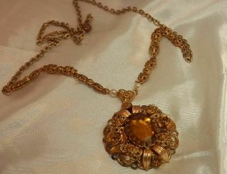 Ornate Germany Gold Tone Amber Rhinestone Long Necklace Vintage 50 