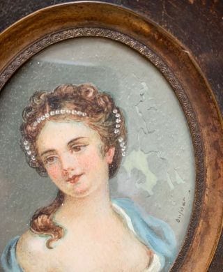 Antique French 19th Century Miniature Portrait Of Noblewoman With Naked Breast