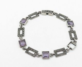925 Silver - Vintage Amethyst & Marcasite Square Link Chain Bracelet - B5067 2