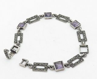 925 Silver - Vintage Amethyst & Marcasite Square Link Chain Bracelet - B5067 3