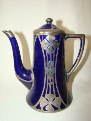 Antique Silver Overlay Porcelain Art Nouveau Cobalt Blue Demitasse Teapot Lenox