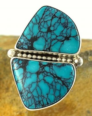 Exotic Vintage Navajo Sterling Silver Hubei Spiderweb Turquoise Ring Sz 10