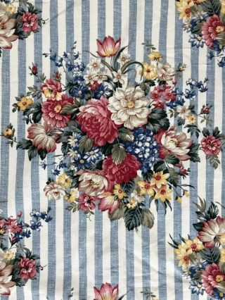 Vintage? Ralph Lauren Floral Bouquets Blue Stripe Upholstery Fabric 56 X 1.  94 Yd