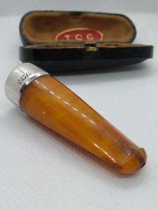 Vintage/antique Silver & Amber " Tcg " Cheroot Cigar Holder With Case