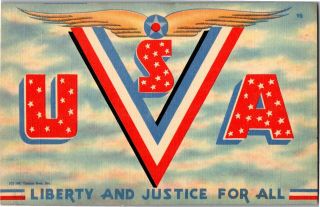 Wwii Era V For Victory,  Wings Liberty And Justice For All Vintage Postcard U04