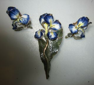 Vintage 14k Gold Filled And Ceramic Iris Flower Brooch & Earrings Demi Parure