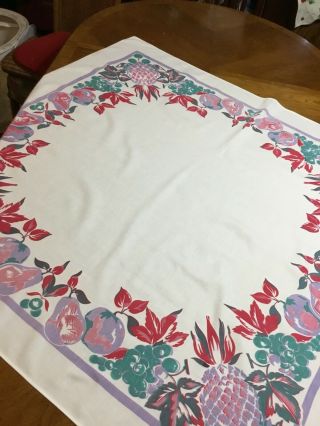 Vintage Tablecloth White With Fruit Printed In Muted Red Green Purple