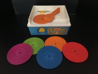 Vintage Fisher Price Record Player Music Box With 5 Records