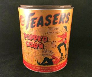 Vintage Teasers Popped Corn Tin Rare Old Advertising Can Gallon 1920s - 30s