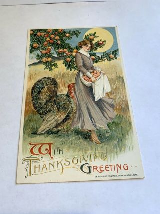 Vintage Thanksgiving Postcard - Winsch - Schmucker - Pretty Lady - Apples