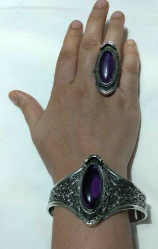 Ancient Antique Victorian Silver Bracelet,  Ring Amethyst Stone